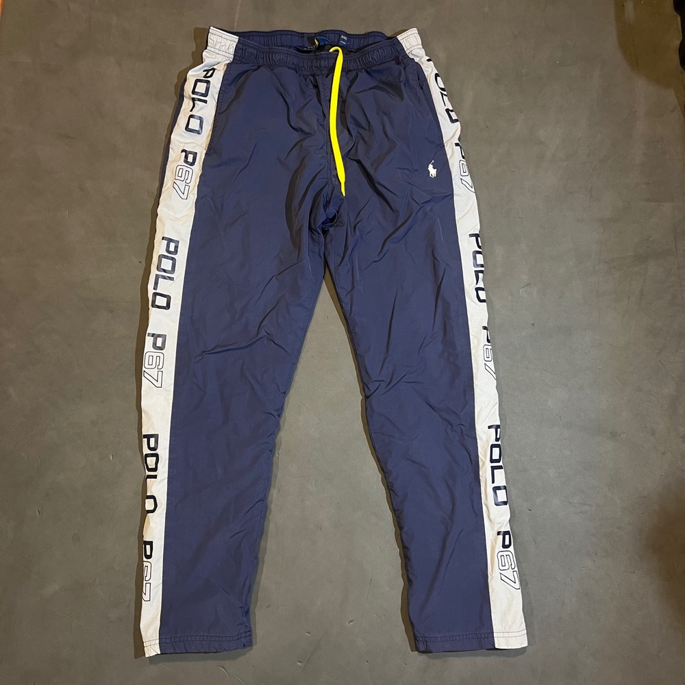 Polo Ralph Lauren Track Pants Mens Medium Blue P67 Side Stripe Lined Nylon Sport